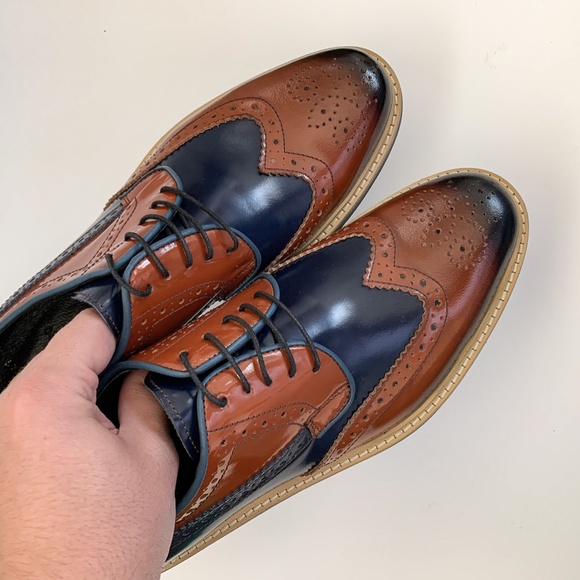 Brown-Navy Blue Wingtip Oxford Leather Dress Shoe main image 11